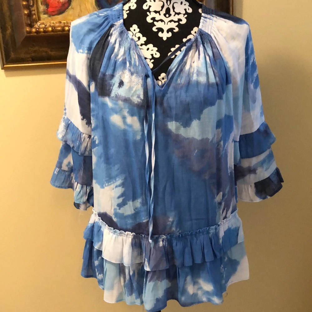 💙Patchington Soft bohemian gauzy v-neck ruffle layered sleeves & hem top
